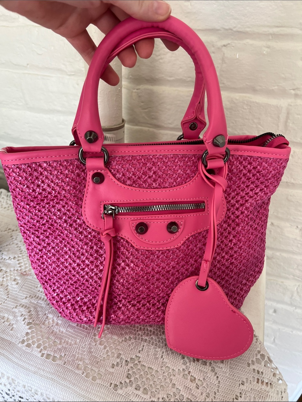 Pink Woven Top-Handle Tote with Heart Charm